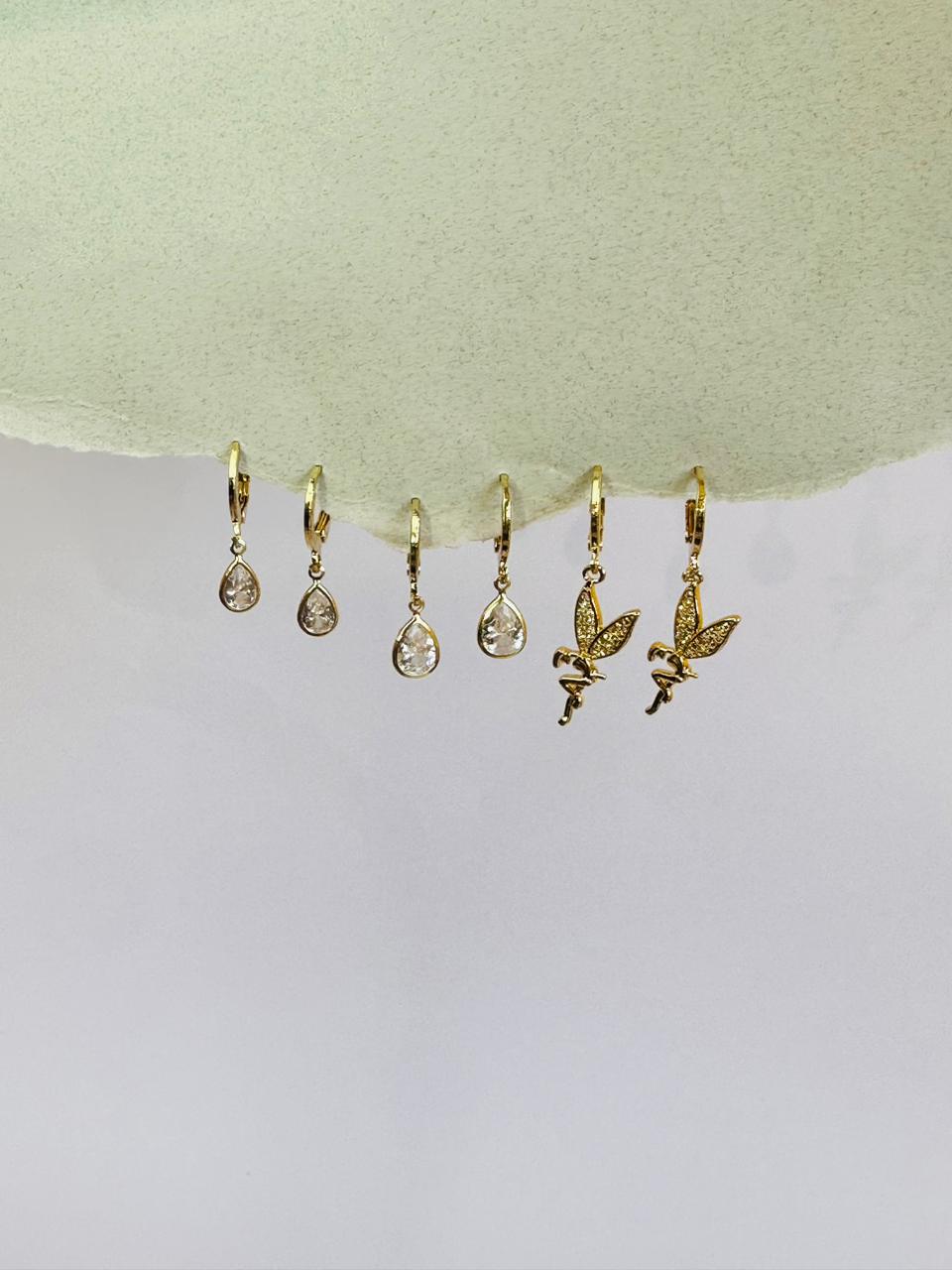 Set of 3 Gold Plated Crystal Drop & Fairy Hoop Earring