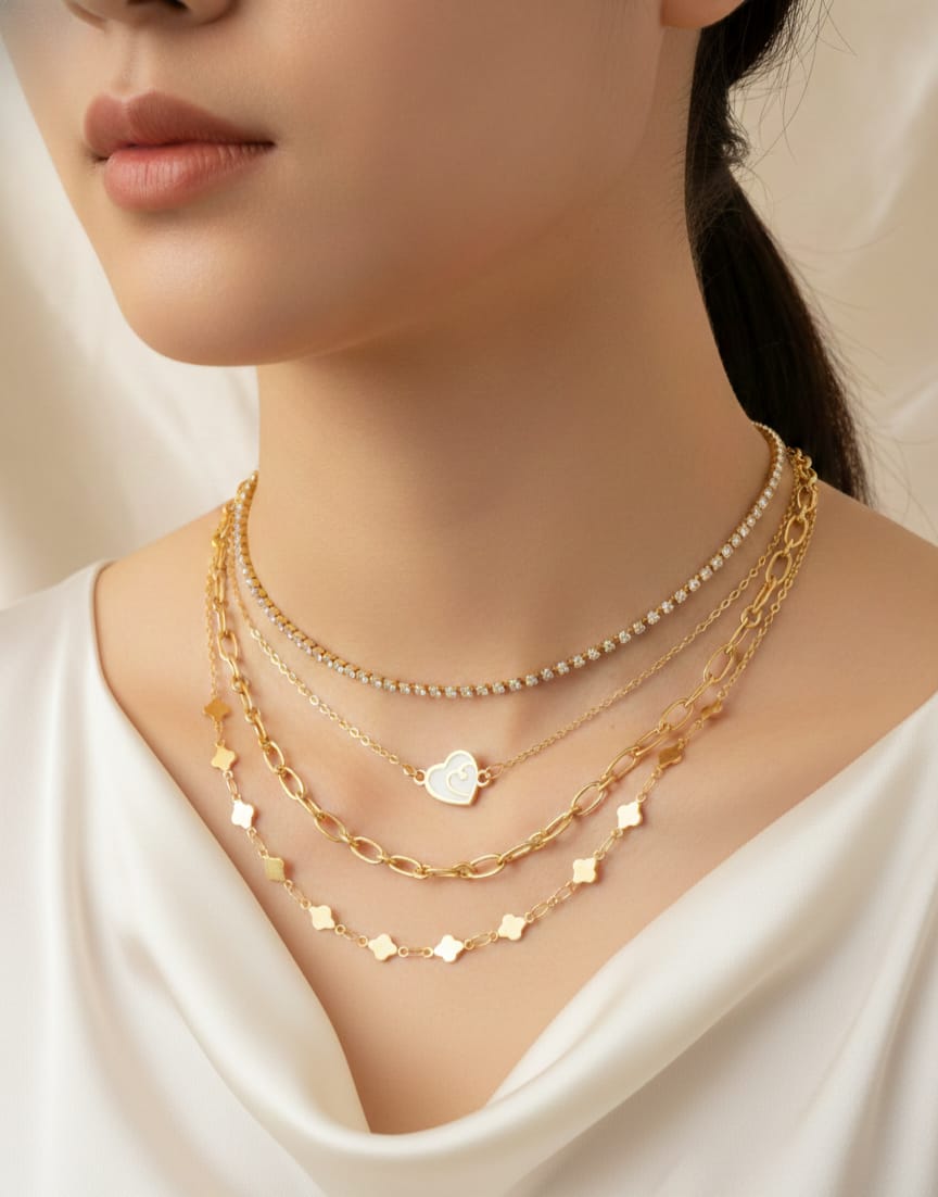 Gold Plated Layered Heart Necklace Set of 4