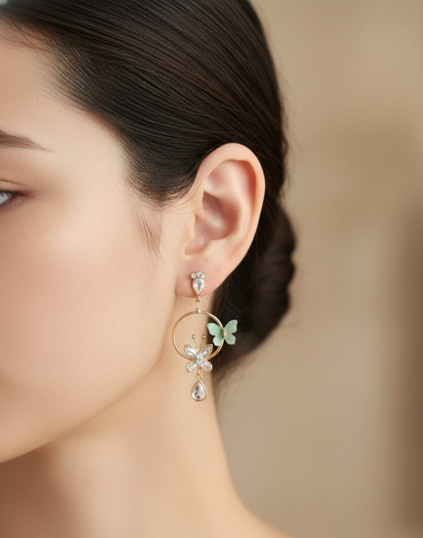 Gold Plated Floral Butterfly Drop Earrings