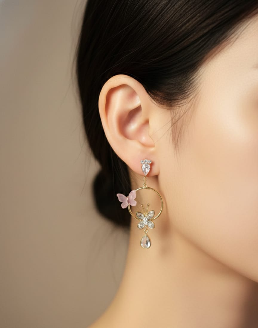 Gold Plated Floral Butterfly Drop Earrings