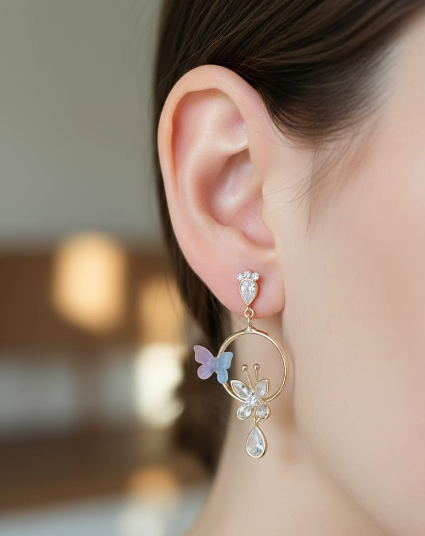 Gold Plated Floral Butterfly Drop Earrings